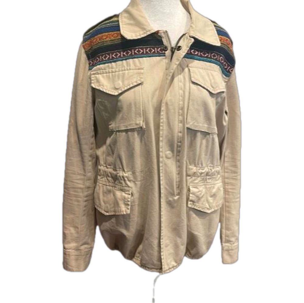 Nameless M khaki safari jacket with weaving instructions on shoulders